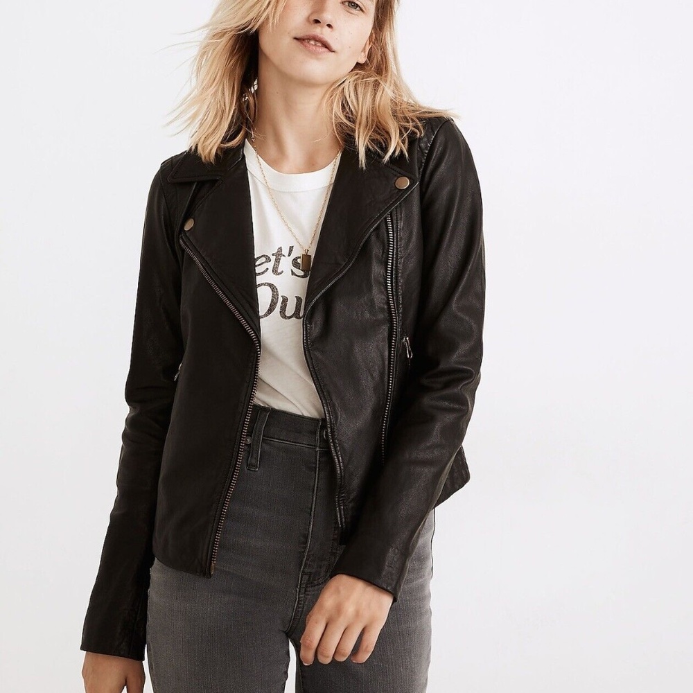 NEW Madewell  Women Black Washed Leather Moto Jacket Brass hardware (S) NC112
